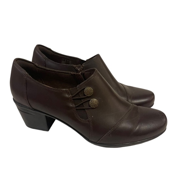 Women’s CLARKS Collection Emslie Brown Leather Heeled Ankle Booties Shoes - Picture 5 of 8